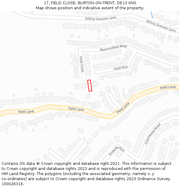 17, FIELD CLOSE, BURTON-ON-TRENT, DE13 0NS: Location map and indicative extent of plot
