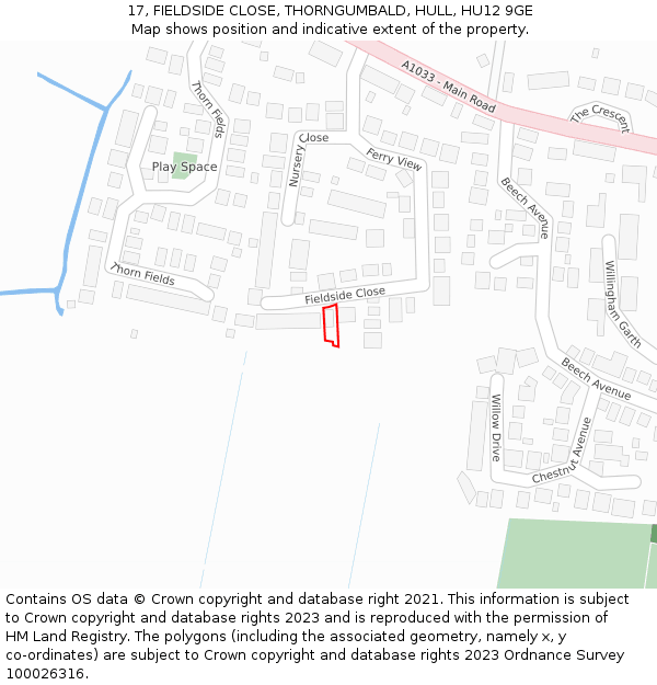 17, FIELDSIDE CLOSE, THORNGUMBALD, HULL, HU12 9GE: Location map and indicative extent of plot
