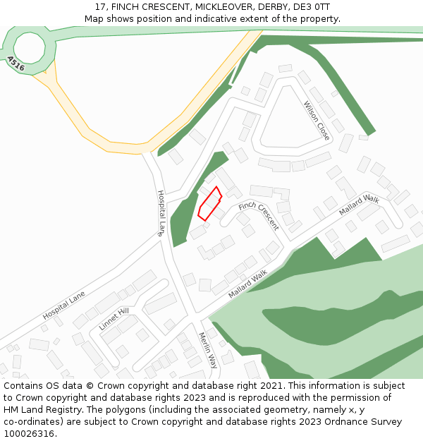 17, FINCH CRESCENT, MICKLEOVER, DERBY, DE3 0TT: Location map and indicative extent of plot