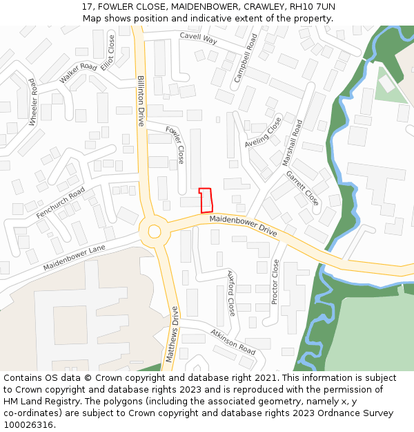 17, FOWLER CLOSE, MAIDENBOWER, CRAWLEY, RH10 7UN: Location map and indicative extent of plot