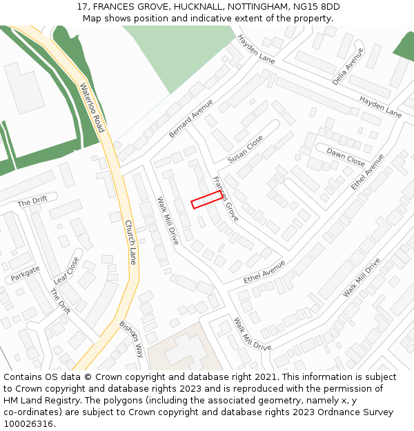 17, FRANCES GROVE, HUCKNALL, NOTTINGHAM, NG15 8DD: Location map and indicative extent of plot