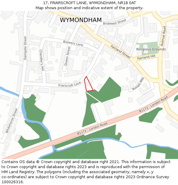 17, FRIARSCROFT LANE, WYMONDHAM, NR18 0AT: Location map and indicative extent of plot