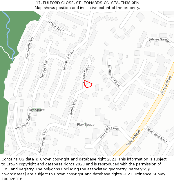17, FULFORD CLOSE, ST LEONARDS-ON-SEA, TN38 0PN: Location map and indicative extent of plot