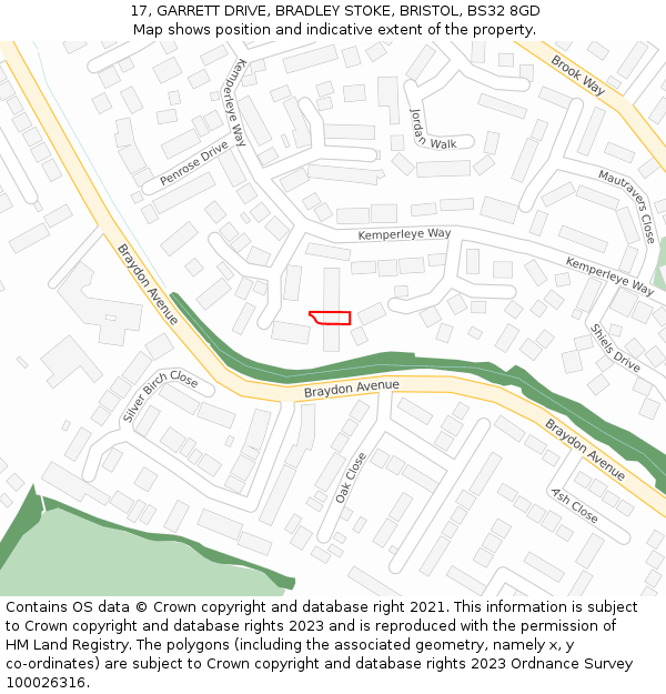 17, GARRETT DRIVE, BRADLEY STOKE, BRISTOL, BS32 8GD: Location map and indicative extent of plot