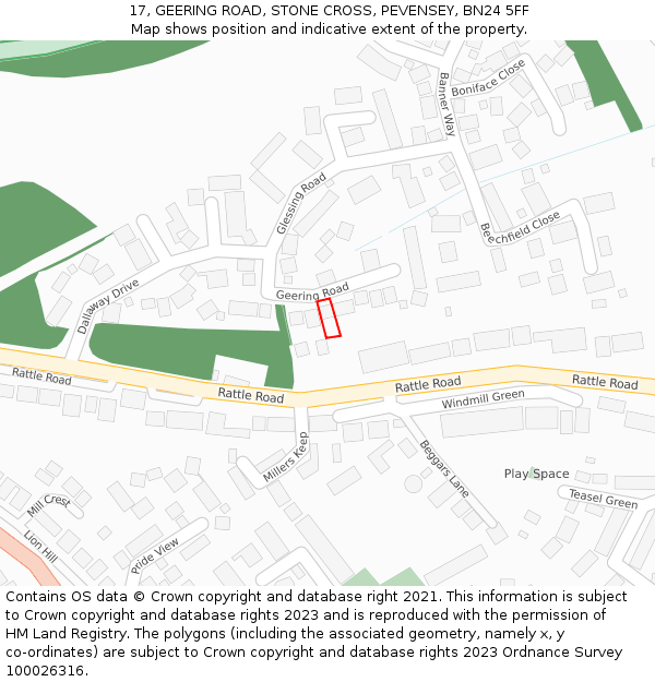 17, GEERING ROAD, STONE CROSS, PEVENSEY, BN24 5FF: Location map and indicative extent of plot