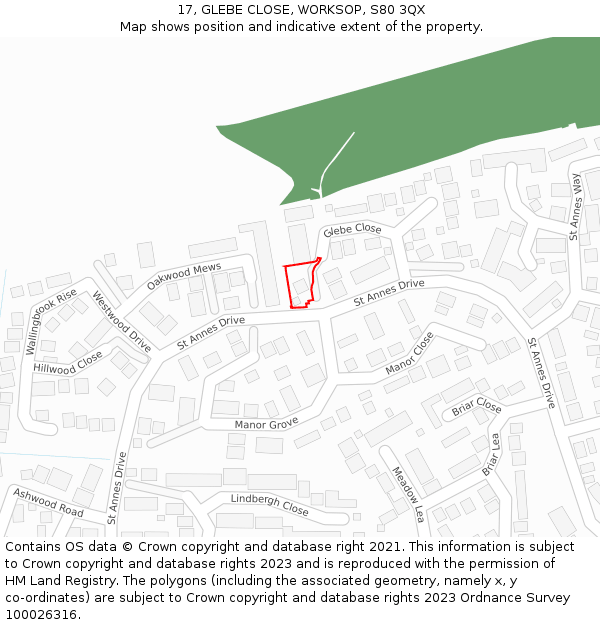 17, GLEBE CLOSE, WORKSOP, S80 3QX: Location map and indicative extent of plot