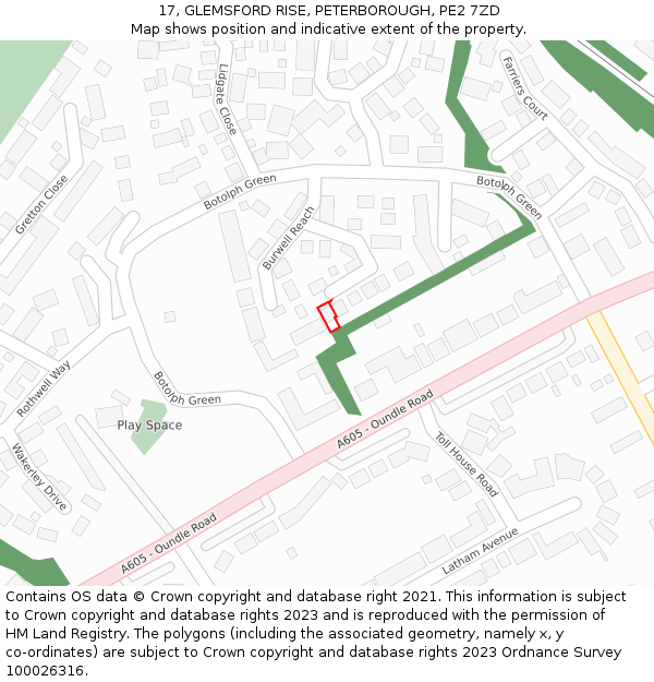 17, GLEMSFORD RISE, PETERBOROUGH, PE2 7ZD: Location map and indicative extent of plot