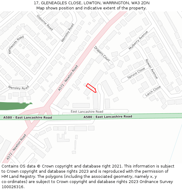 17, GLENEAGLES CLOSE, LOWTON, WARRINGTON, WA3 2DN: Location map and indicative extent of plot