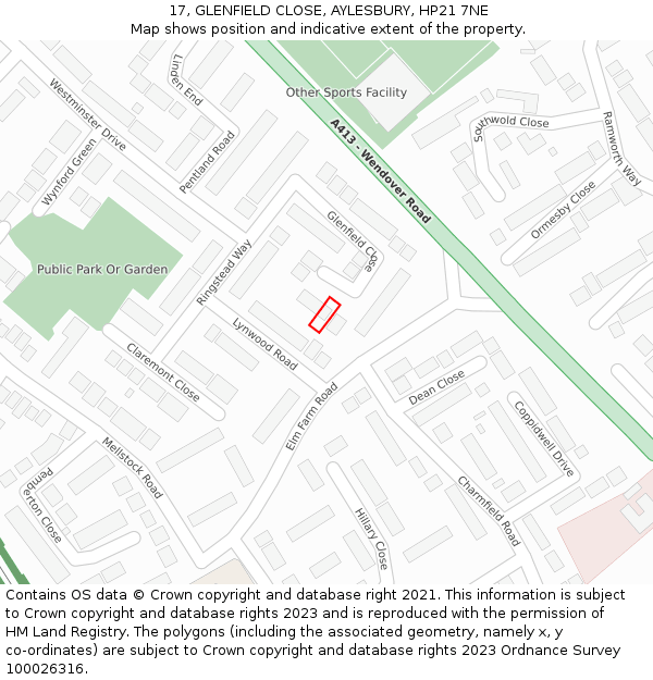 17, GLENFIELD CLOSE, AYLESBURY, HP21 7NE: Location map and indicative extent of plot