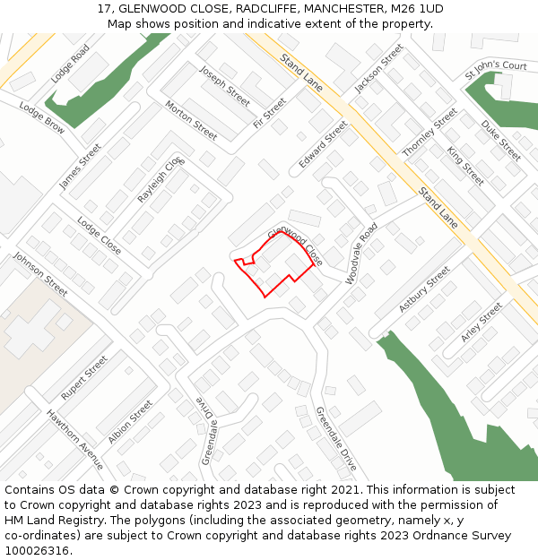 17, GLENWOOD CLOSE, RADCLIFFE, MANCHESTER, M26 1UD: Location map and indicative extent of plot