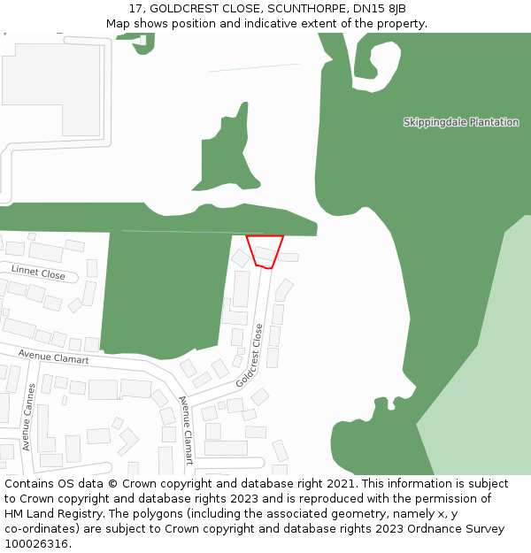 17, GOLDCREST CLOSE, SCUNTHORPE, DN15 8JB: Location map and indicative extent of plot