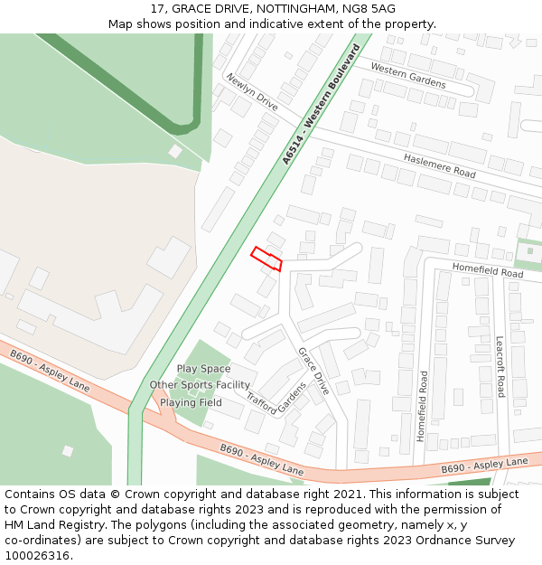 17, GRACE DRIVE, NOTTINGHAM, NG8 5AG: Location map and indicative extent of plot