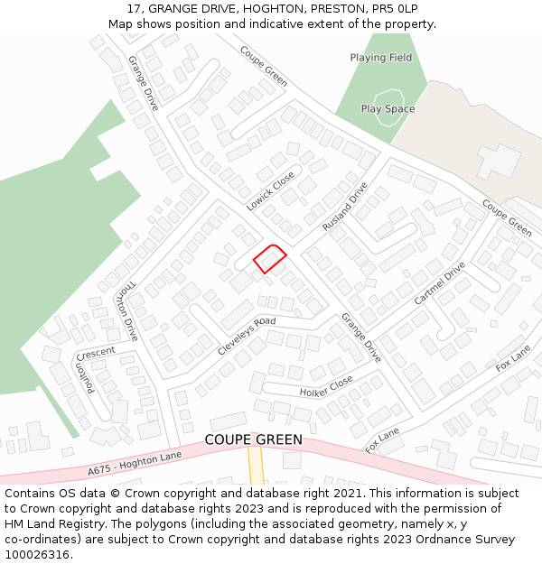 17, GRANGE DRIVE, HOGHTON, PRESTON, PR5 0LP: Location map and indicative extent of plot