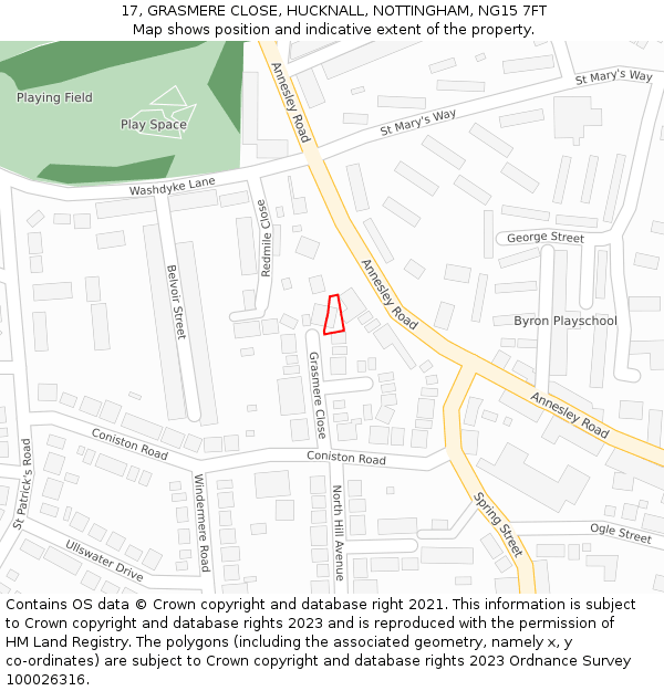 17, GRASMERE CLOSE, HUCKNALL, NOTTINGHAM, NG15 7FT: Location map and indicative extent of plot