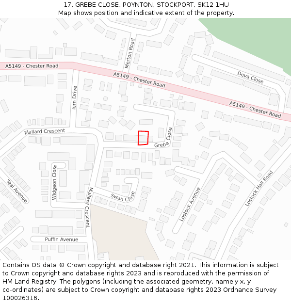 17, GREBE CLOSE, POYNTON, STOCKPORT, SK12 1HU: Location map and indicative extent of plot