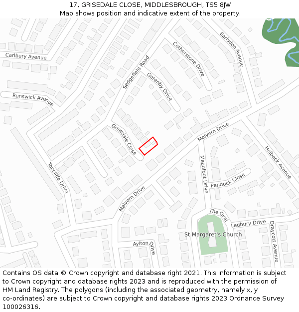 17, GRISEDALE CLOSE, MIDDLESBROUGH, TS5 8JW: Location map and indicative extent of plot
