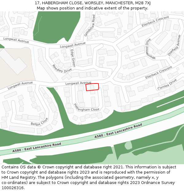 17, HABERGHAM CLOSE, WORSLEY, MANCHESTER, M28 7XJ: Location map and indicative extent of plot