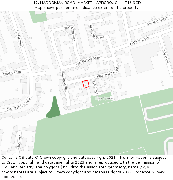 17, HADDONIAN ROAD, MARKET HARBOROUGH, LE16 9GD: Location map and indicative extent of plot