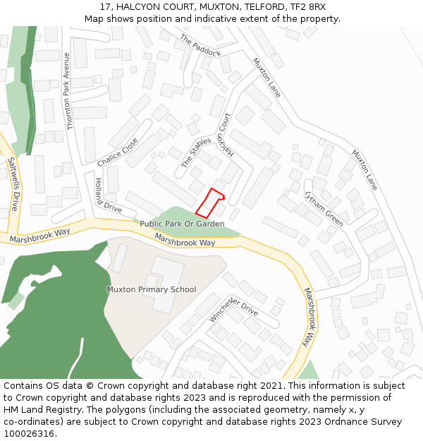 17, HALCYON COURT, MUXTON, TELFORD, TF2 8RX: Location map and indicative extent of plot