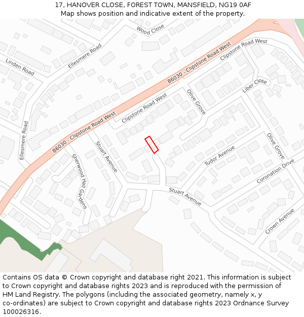 17, HANOVER CLOSE, FOREST TOWN, MANSFIELD, NG19 0AF: Location map and indicative extent of plot