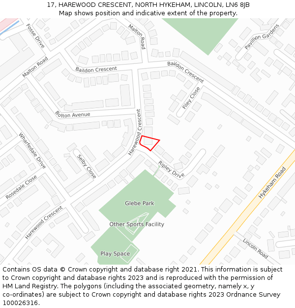17, HAREWOOD CRESCENT, NORTH HYKEHAM, LINCOLN, LN6 8JB: Location map and indicative extent of plot