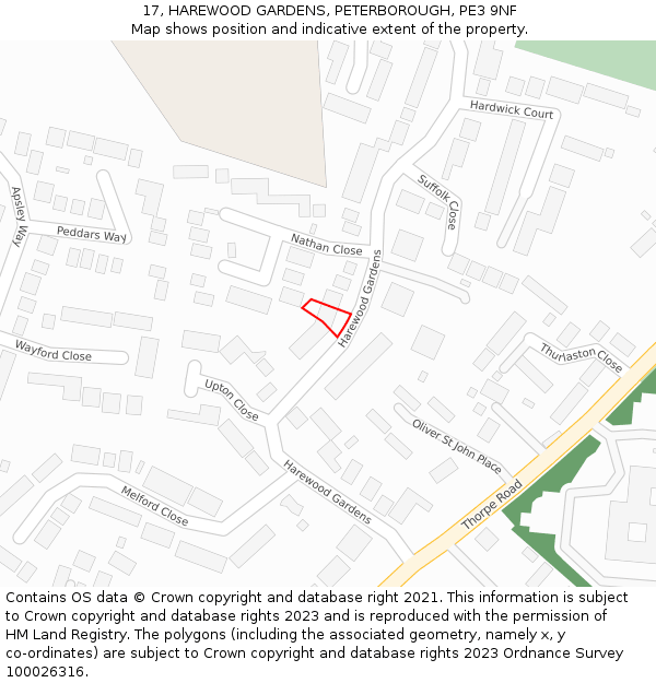 17, HAREWOOD GARDENS, PETERBOROUGH, PE3 9NF: Location map and indicative extent of plot