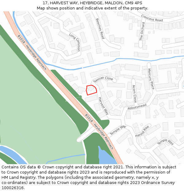 17, HARVEST WAY, HEYBRIDGE, MALDON, CM9 4PS: Location map and indicative extent of plot