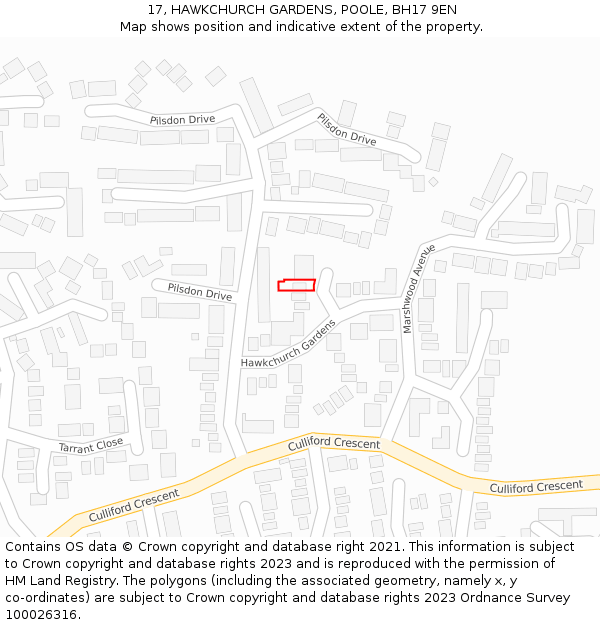 17, HAWKCHURCH GARDENS, POOLE, BH17 9EN: Location map and indicative extent of plot