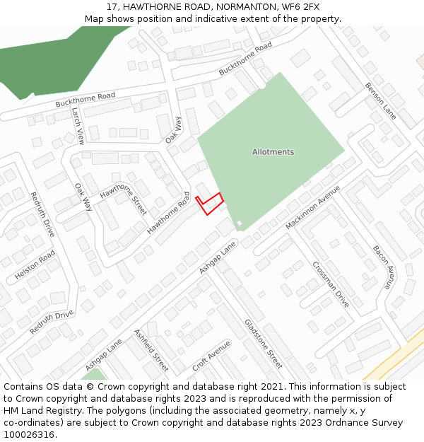 17, HAWTHORNE ROAD, NORMANTON, WF6 2FX: Location map and indicative extent of plot
