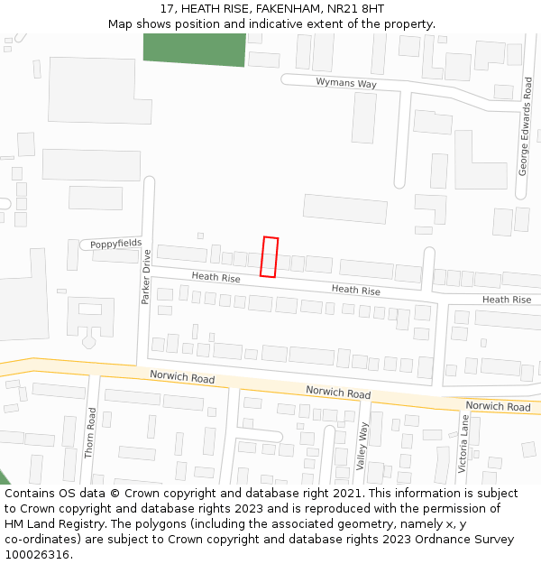 17, HEATH RISE, FAKENHAM, NR21 8HT: Location map and indicative extent of plot