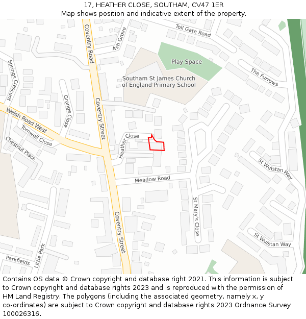 17, HEATHER CLOSE, SOUTHAM, CV47 1ER: Location map and indicative extent of plot