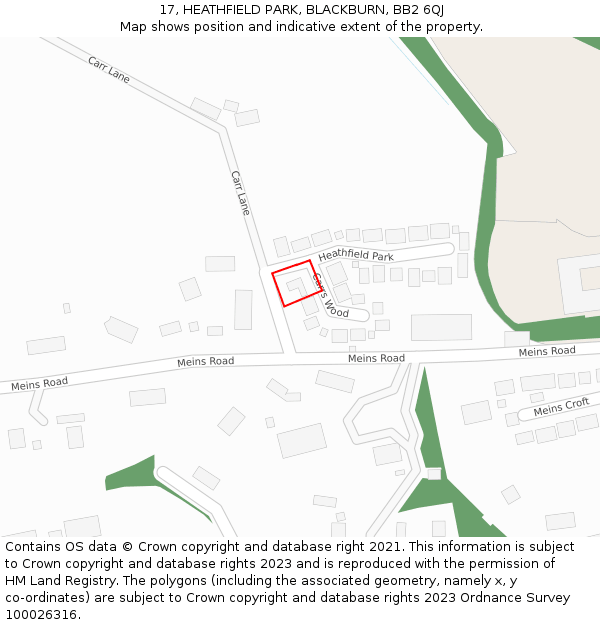 17, HEATHFIELD PARK, BLACKBURN, BB2 6QJ: Location map and indicative extent of plot