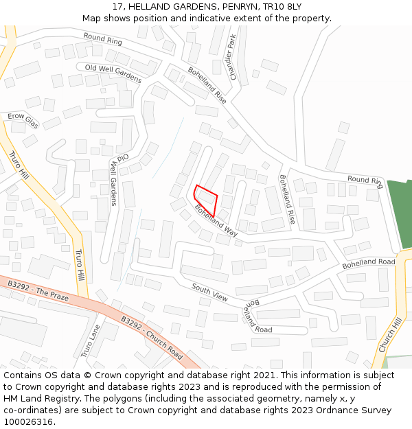 17, HELLAND GARDENS, PENRYN, TR10 8LY: Location map and indicative extent of plot