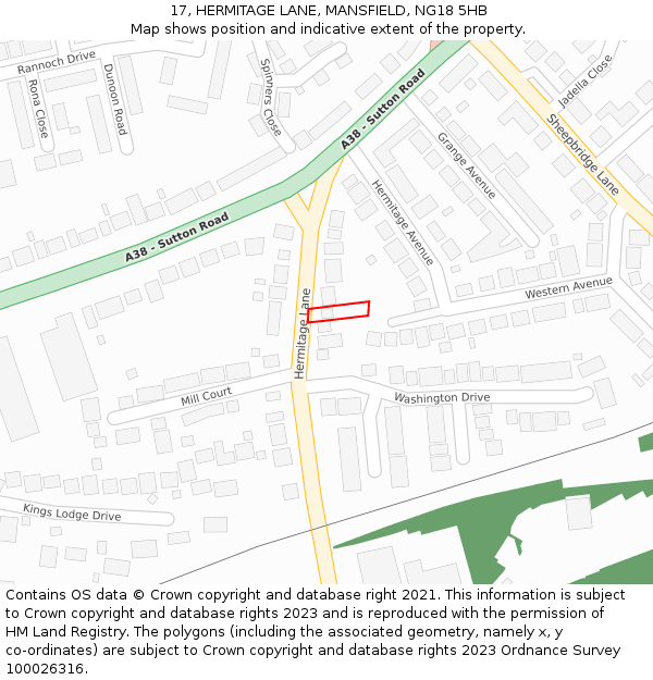17, HERMITAGE LANE, MANSFIELD, NG18 5HB: Location map and indicative extent of plot