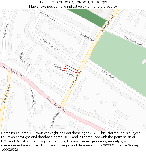 17, HERMITAGE ROAD, LONDON, SE19 3QW: Location map and indicative extent of plot