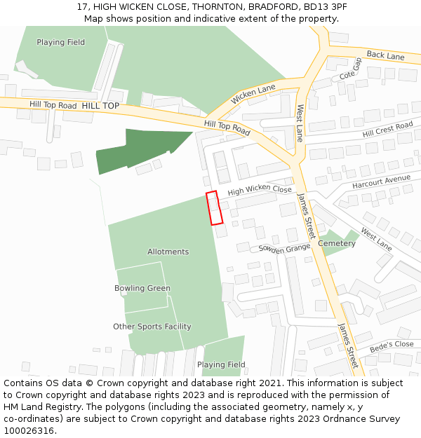 17, HIGH WICKEN CLOSE, THORNTON, BRADFORD, BD13 3PF: Location map and indicative extent of plot