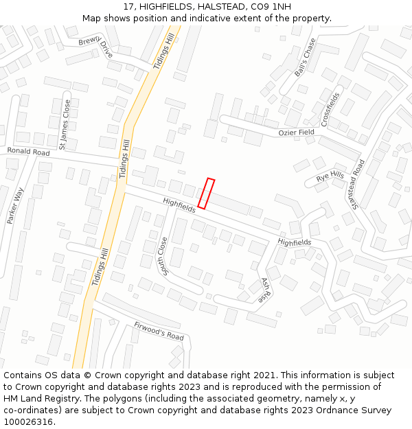 17, HIGHFIELDS, HALSTEAD, CO9 1NH: Location map and indicative extent of plot