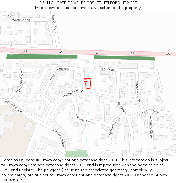 17, HIGHGATE DRIVE, PRIORSLEE, TELFORD, TF2 9FE: Location map and indicative extent of plot