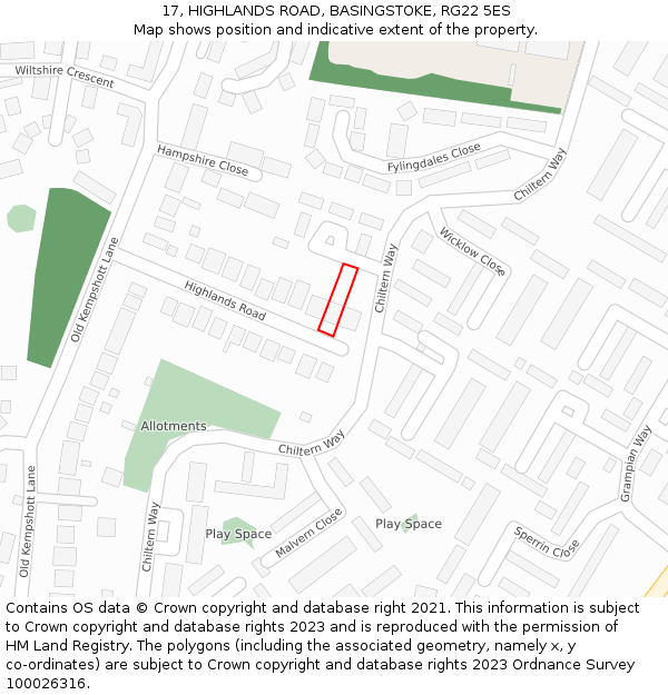 17, HIGHLANDS ROAD, BASINGSTOKE, RG22 5ES: Location map and indicative extent of plot