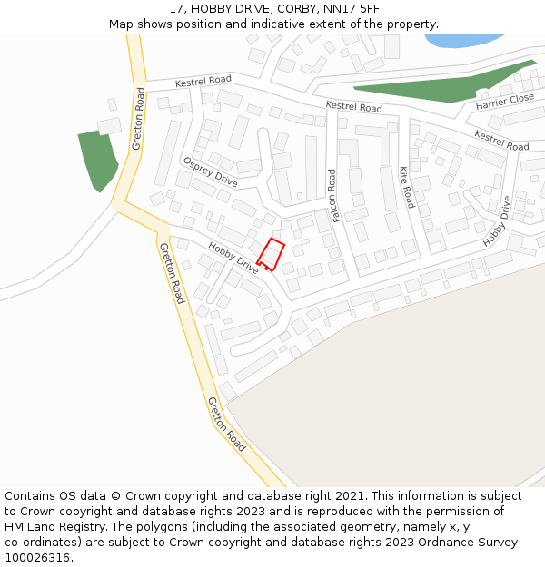 17, HOBBY DRIVE, CORBY, NN17 5FF: Location map and indicative extent of plot