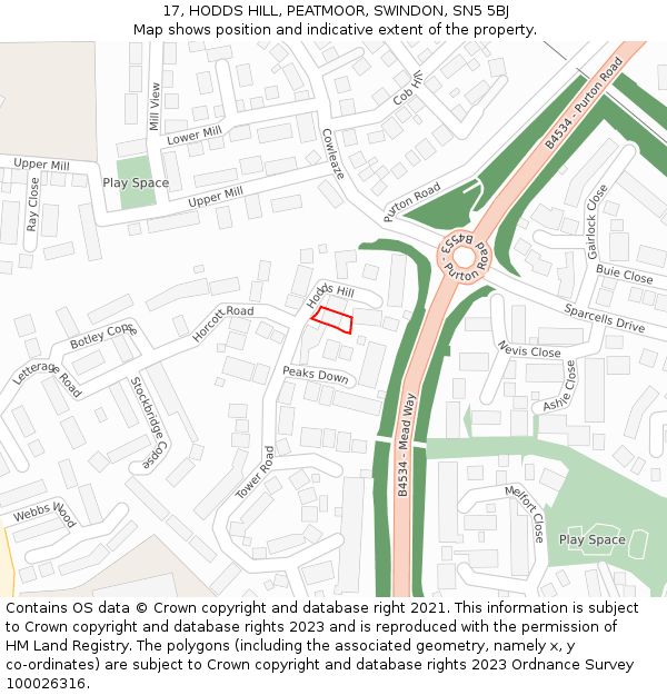 17, HODDS HILL, PEATMOOR, SWINDON, SN5 5BJ: Location map and indicative extent of plot