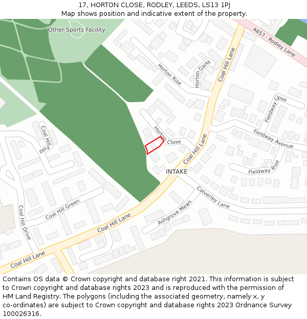 17, HORTON CLOSE, RODLEY, LEEDS, LS13 1PJ: Location map and indicative extent of plot
