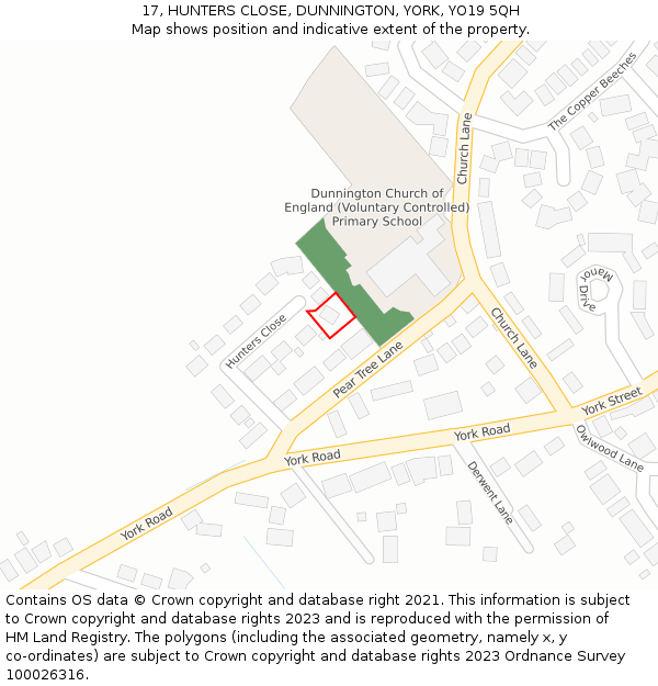 17, HUNTERS CLOSE, DUNNINGTON, YORK, YO19 5QH: Location map and indicative extent of plot