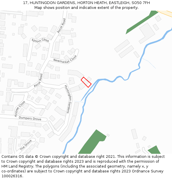 17, HUNTINGDON GARDENS, HORTON HEATH, EASTLEIGH, SO50 7FH: Location map and indicative extent of plot