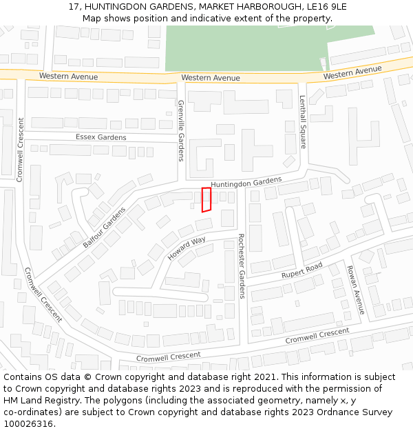 17, HUNTINGDON GARDENS, MARKET HARBOROUGH, LE16 9LE: Location map and indicative extent of plot