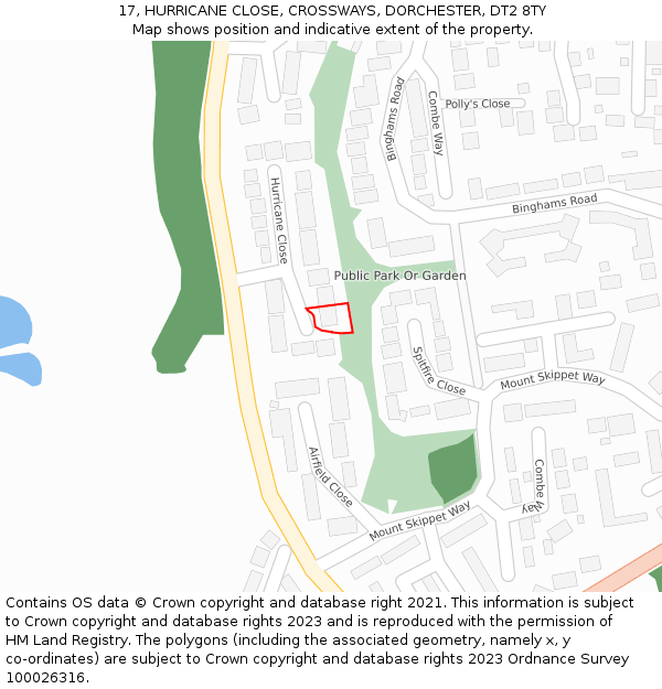 17, HURRICANE CLOSE, CROSSWAYS, DORCHESTER, DT2 8TY: Location map and indicative extent of plot