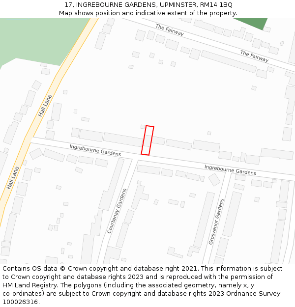 17, INGREBOURNE GARDENS, UPMINSTER, RM14 1BQ: Location map and indicative extent of plot