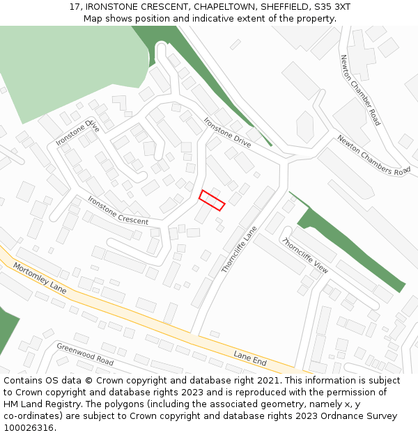 17, IRONSTONE CRESCENT, CHAPELTOWN, SHEFFIELD, S35 3XT: Location map and indicative extent of plot