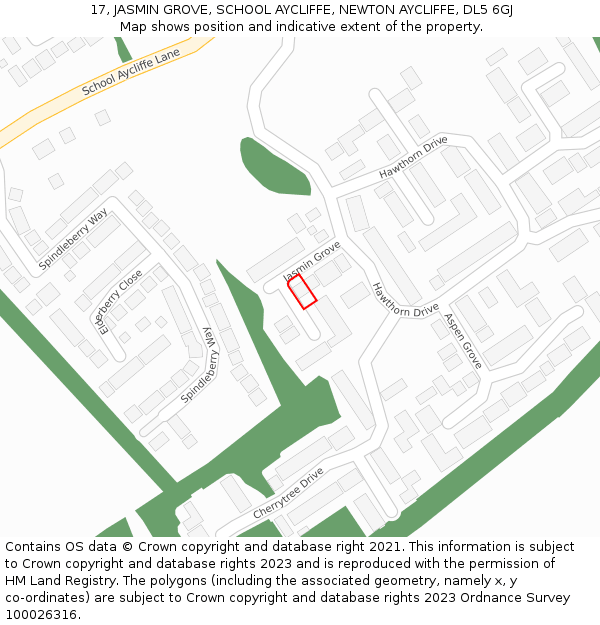 17, JASMIN GROVE, SCHOOL AYCLIFFE, NEWTON AYCLIFFE, DL5 6GJ: Location map and indicative extent of plot