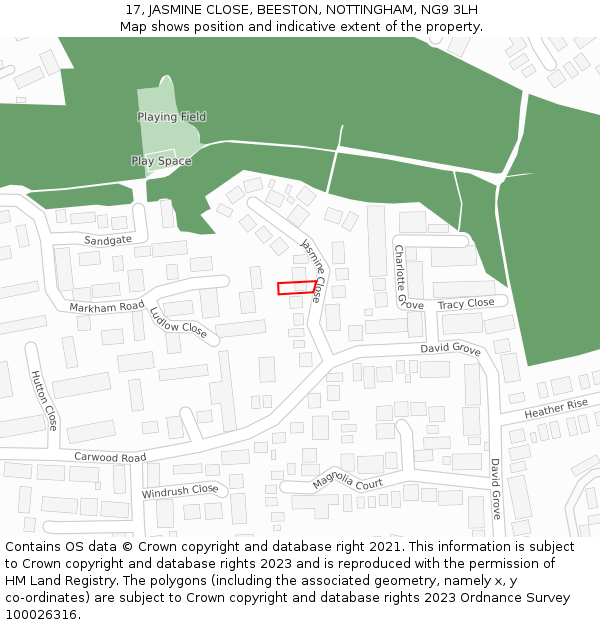 17, JASMINE CLOSE, BEESTON, NOTTINGHAM, NG9 3LH: Location map and indicative extent of plot